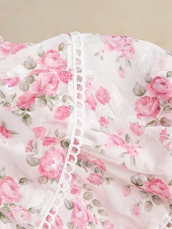 Pink Boho Women's Mini Dress with Ruffle Hem and Cherry Blossom Print - Picture 6 of 6